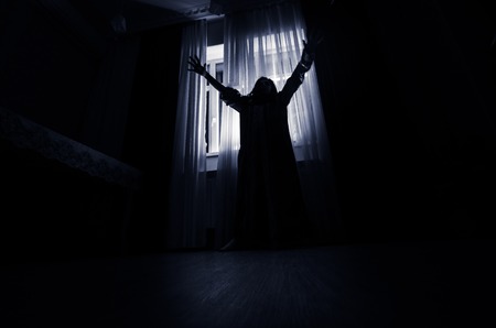 Horror woman in window wood hand hold cage scary scene halloween concept Blurred silhouette of witch. Horror themeの写真素材