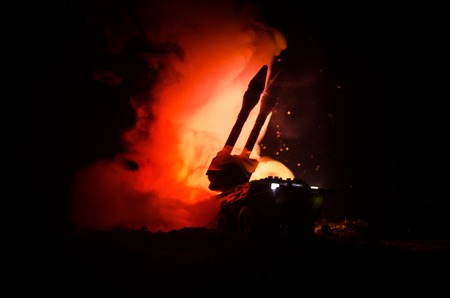 Rocket launch with fire clouds. Battle scene with rocket Missiles with Warhead Aimed at Gloomy Sky...