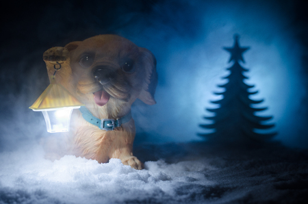 Toy dog - a symbol of the new year under the snow against the background of fir branches. Toy's dog as a symbol of 2018 New Year with a Christmas attributes the new year's inscription. Dark backgroundの写真素材