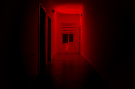 Dark corridor with cabinet doors and freezelight figures on it. Horror Concept.の写真素材
