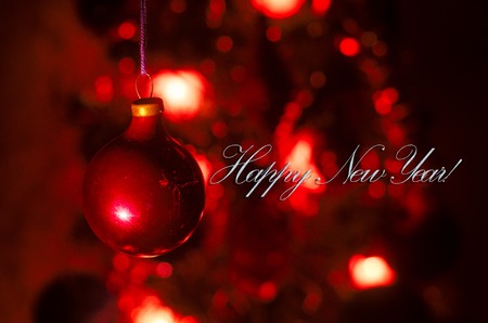 Christmas Toy on the Christmas tree. New Year ornaments winter background for postcard empty space. New Year eve background - glass Christmas toy. Greeting cardの写真素材