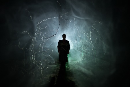 strange silhouette in a dark spooky forest at night, mystical landscape surreal lights with creepy manの写真素材