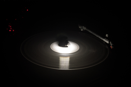 Turntable vinyl record player. Retro audio equipment for disc jockey. Sound technology for DJ to mix...