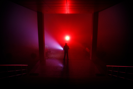 Creepy silhouette in the dark abandoned building. Horror about maniac concept or Dark corridor with cabinet doors and lights with silhouette of spooky horror person standing with different poses.の写真素材