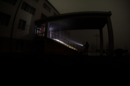 Old house with a Ghost in the forest at night or Abandoned Haunted Horror House in fog. Old mystic building in dead tree forest. Creepy house in the middle of a dark forest. Surreal lightsの写真素材