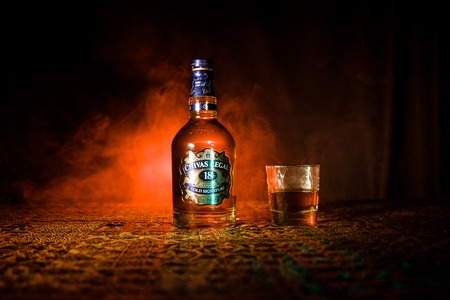 BAKU, AZERBAIJAN - MARCH 25, 2018: Blended from whiskies matured for at least 18 years, Chivas Regal 18 Gold Signature is a blended Scotch whisky produced by Chivas Brothers in Keith, Scotland.のeditorial素材