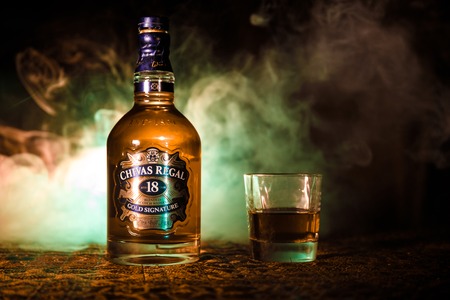 BAKU, AZERBAIJAN - MARCH 25, 2018: Blended from whiskies matured for at least 18 years, Chivas Regal 18 Gold Signature is a blended Scotch whisky produced by Chivas Brothers in Keith, Scotland.のeditorial素材