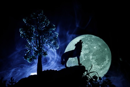 Silhouette of howling wolf against dark toned foggy background and full moon or Wolf in silhouette howling to the full moon. Halloween horror concept. Selective focusの写真素材