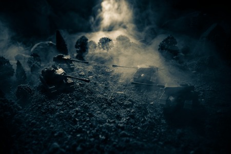 War Concept. Military silhouettes fighting scene on war fog sky background, World War Soldiers...