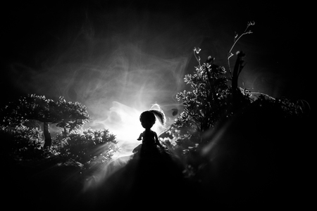 Horror Halloween decorated conceptual image. Alone girl with the light in the forest at night. Silhouette of girl standing between trees with surreal light on background. Selective focus.の写真素材