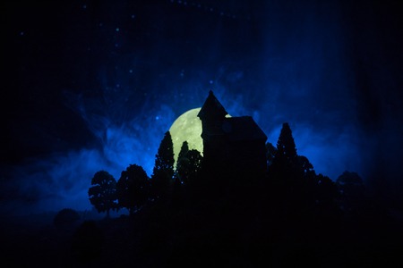 Old house with a Ghost in the forest at night or Abandoned Haunted Horror House in fog. Old mystic building in dead tree forest. Horror Halloween concept. Selective focusの写真素材