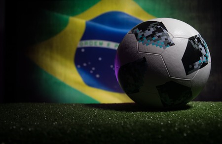 BAKU,AZERBAIJAN - JUNE 21, 2018 : Creative concept. Official Russia 2018 World Cup football ball The...