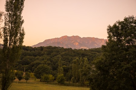 Majestic landscape of the mountains and forest in Caucasus at summer. Dramatic sky with clouds. Azerbaijanの写真素材