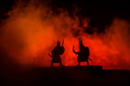 Silhouette of two medieval warriors in duel. Picture with two fighter with sword with dark toned foggy background. Selective focus.の写真素材