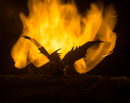 Silhouette of fire breathing dragon with big wings on a dark burning fire background. Selective focusの写真素材