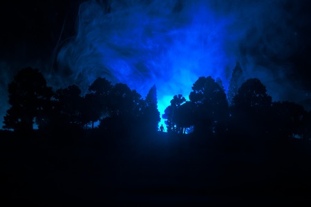 surreal light in dark forest and man silhouette. Horror Halloween concept. Table decorationの写真素材
