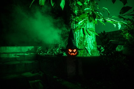 Pumpkin Burning In Forest At Night - Halloween Background. Scary Jack o Lantern smiling and glowing pumpkin with dark toned foggy background. Selective focusの写真素材
