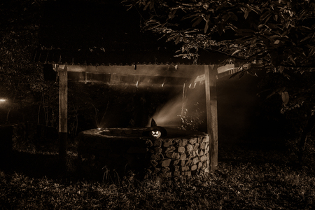 Abandoned well in the forest with Halloween pumpkin at night. Horror conceptの写真素材