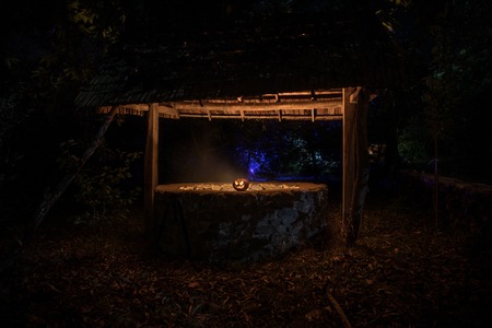 Abandoned well in the forest with Halloween pumpkin at night. Horror conceptの写真素材