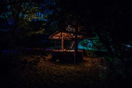 Abandoned well in the forest with Halloween pumpkin at night. Horror conceptの写真素材