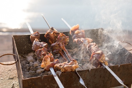 Preparation of shish kebab bbq. Outdoor. Close up . Selective focusの写真素材