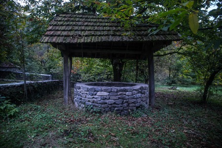 Abandoned well in the forest. Waiting for a terrible girl with a long hair. Halloween concept.の写真素材