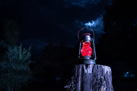 Horror Halloween concept. Burning old oil lamp in forest at night. Night scenery of a nightmare scene. Selective focus.の写真素材