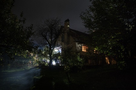 Mountain night landscape of building at forest at night with moon or vintage country house at night...