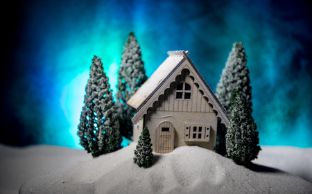 Miniature house in the snow at night with fir treesの写真素材