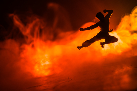 Karate athletes fighting scene.Character karate. Posing figure artwork decoration. Sports Scramble or Man practicing karate on decorated foggy background with light.の写真素材
