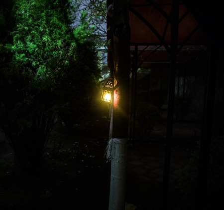 Beautiful colorful illuminated lamp in the garden in misty night. Retro style lantern at night...