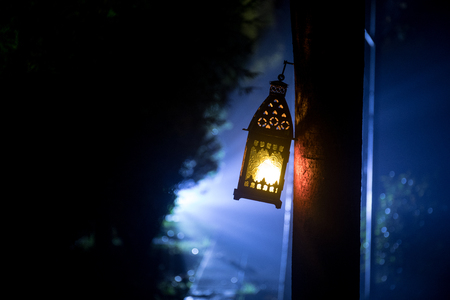 Beautiful colorful illuminated lamp in the garden in misty night. Retro style lantern at night outdoor. Selective focusの写真素材