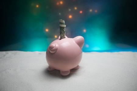 Merry Christmas and happy New year. Chinese new year of the Pig, symbol 2019 for greetings card. soft selective focus. Toy pig in the branches of spruce. Pink pig on snow. Selective focus.の写真素材