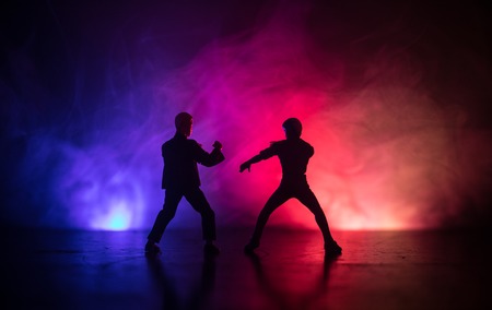 Karate athletes fighting scene.Character karate. Posing figure artwork decoration. Sports Scramble or Man practicing karate on decorated foggy background with light.の写真素材