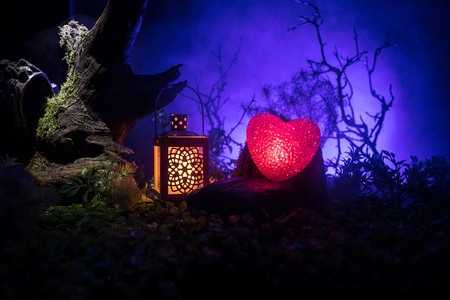 Valentine`s Day love concept. Beautiful artwork decoration with little glowing heart and old vintage lantern at night. Heart in decorated fake forest with stones at night. Empty space selective focusの写真素材