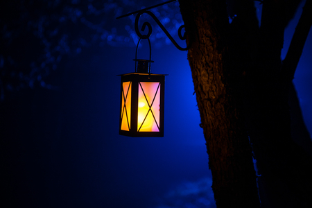 Beautiful colorful illuminated lamp in the garden in misty night. Retro style lantern at night outdoor. Selective focusの写真素材