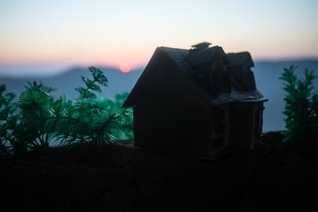 Artwork Decoration. Beautiful decorative small wooden house on the sunset background. Selective focusの写真素材