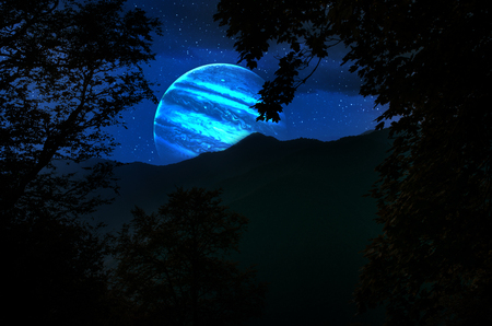 Fantasy surreal concept. Scenic night landscape of country road at night with giant planet at night...