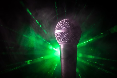 Microphone for sound, music, karaoke in audio studio or stage. Mic technology. Voice, concert entertainment background. Speech broadcast equipment. Live pop, rock musical performanceの写真素材