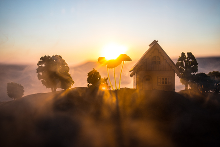 Artwork Decoration. Beautiful decorative small wooden house on the sunset background. Selective focusの写真素材