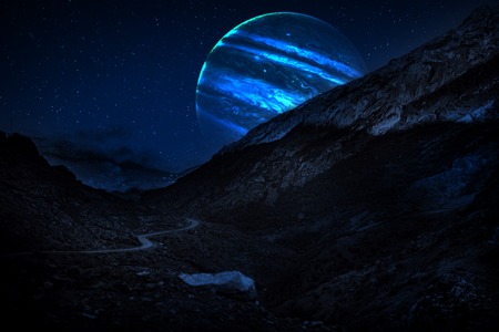 Fantasy surreal concept. Scenic night landscape of country road at night with giant planet at night sky.の写真素材