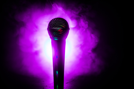 Microphone for sound, music, karaoke in audio studio or stage. Mic technology. Voice, concert entertainment background. Speech broadcast equipment. Live pop, rock musical performanceの写真素材