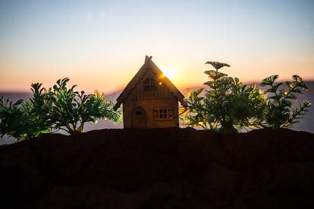 Artwork Decoration. Beautiful decorative small wooden house on the sunset background. Selective focusの写真素材