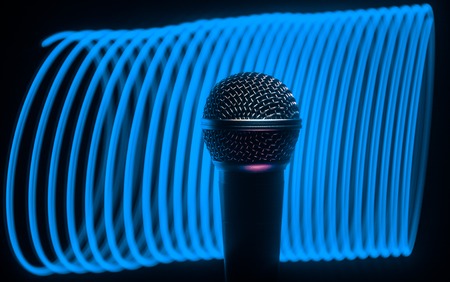 Microphone for sound, music, karaoke in audio studio or stage. Mic technology. Voice, concert entertainment background. Speech broadcast equipment. Live pop, rock musical performanceの写真素材