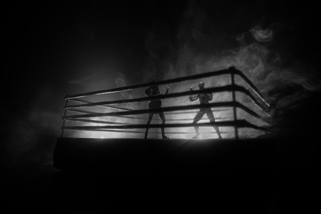 Man and woman boxing on the ring. Sport concept. Artwork decoration with toys on foggy toned dark background.の写真素材