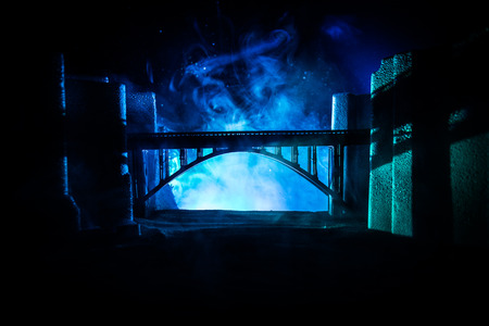 Apocalyptic ruins of the city. Disaster effect. Night scene. City destroyed by war. Destroyed...