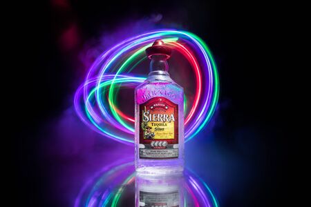 Baku, Azerbaijan - JUNE 16. 2019. Bottle of Sierra Tequila, a brand of liquor belonging to the company Borco-Marken-Import from Hamburg, manufactured in Destilerías Sierra Unidas, Guadalajara, Mexicoのeditorial素材