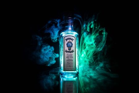 Baku, Azerbaijan - JUNE 16. 2019, Bottle of Bombay Sapphire, a brand of gin distributed by Bacardi. Introduced to the market in 1987 by International Distillers and Vintners.のeditorial素材