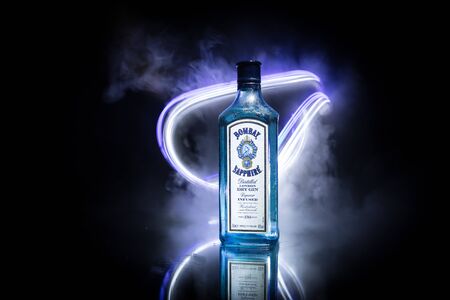 Baku, Azerbaijan - JUNE 16. 2019, Bottle of Bombay Sapphire, a brand of gin distributed by Bacardi. Introduced to the market in 1987 by International Distillers and Vintners.のeditorial素材