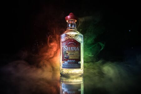 Baku, Azerbaijan - JUNE 16. 2019. Bottle of Sierra Tequila, a brand of liquor belonging to the company Borco-Marken-Import from Hamburg, manufactured in Destilerías Sierra Unidas, Guadalajara, Mexicoのeditorial素材